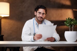 A Doctor Specialist Sitting At The Table Holding Papers In Room - ROCA CONTABILIDADE